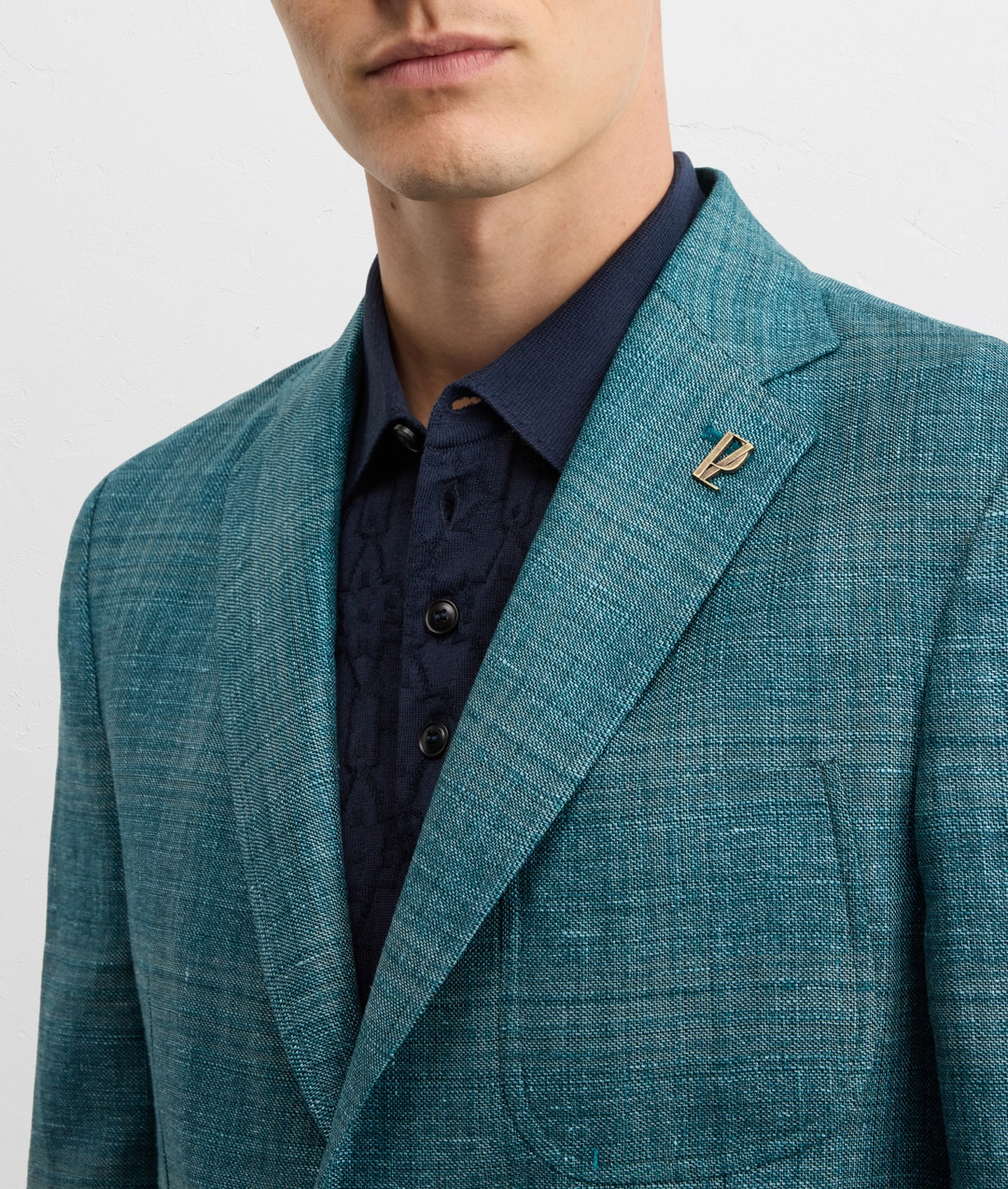 teal blue checked linen and wool brera line unlined jacket — photo 5 of 5