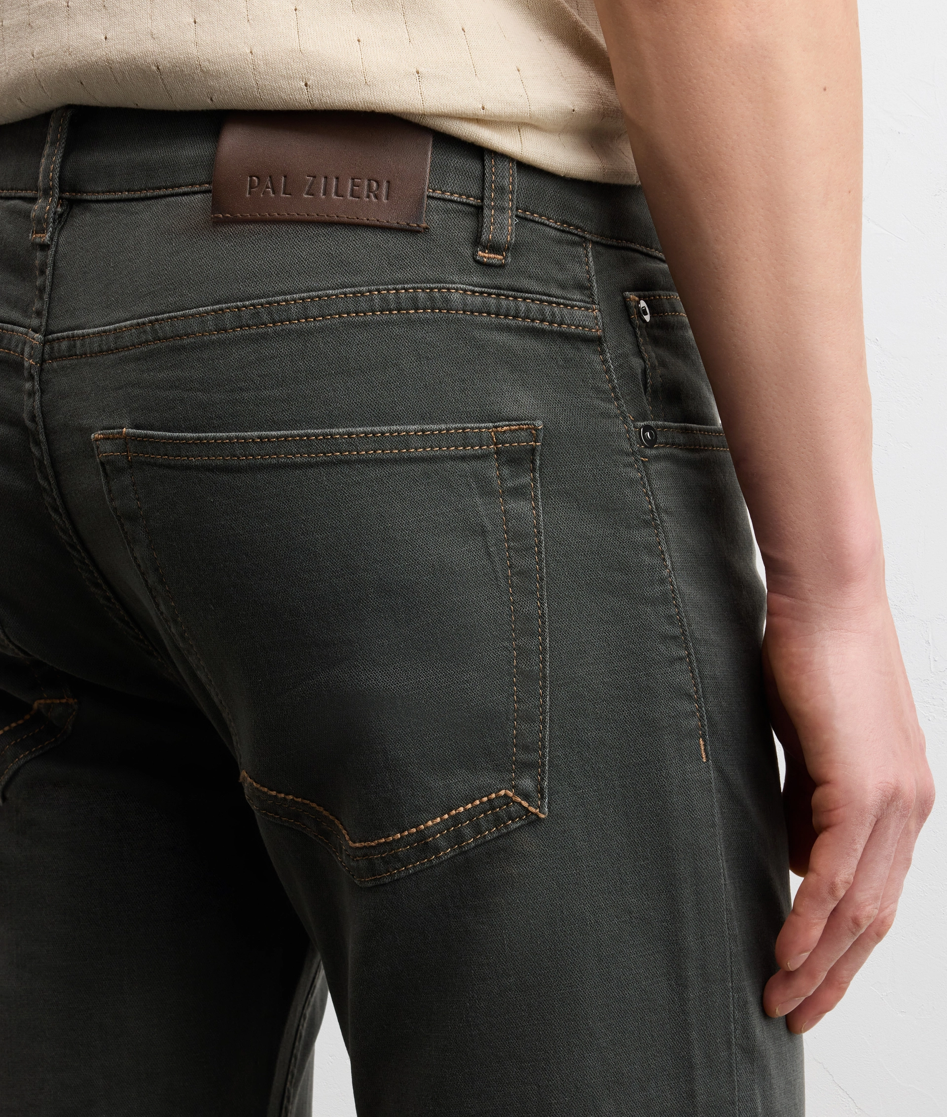dark grey five pocket stonewashed cotton and elastane denim with leather back embossed logo — photo 5 of 5