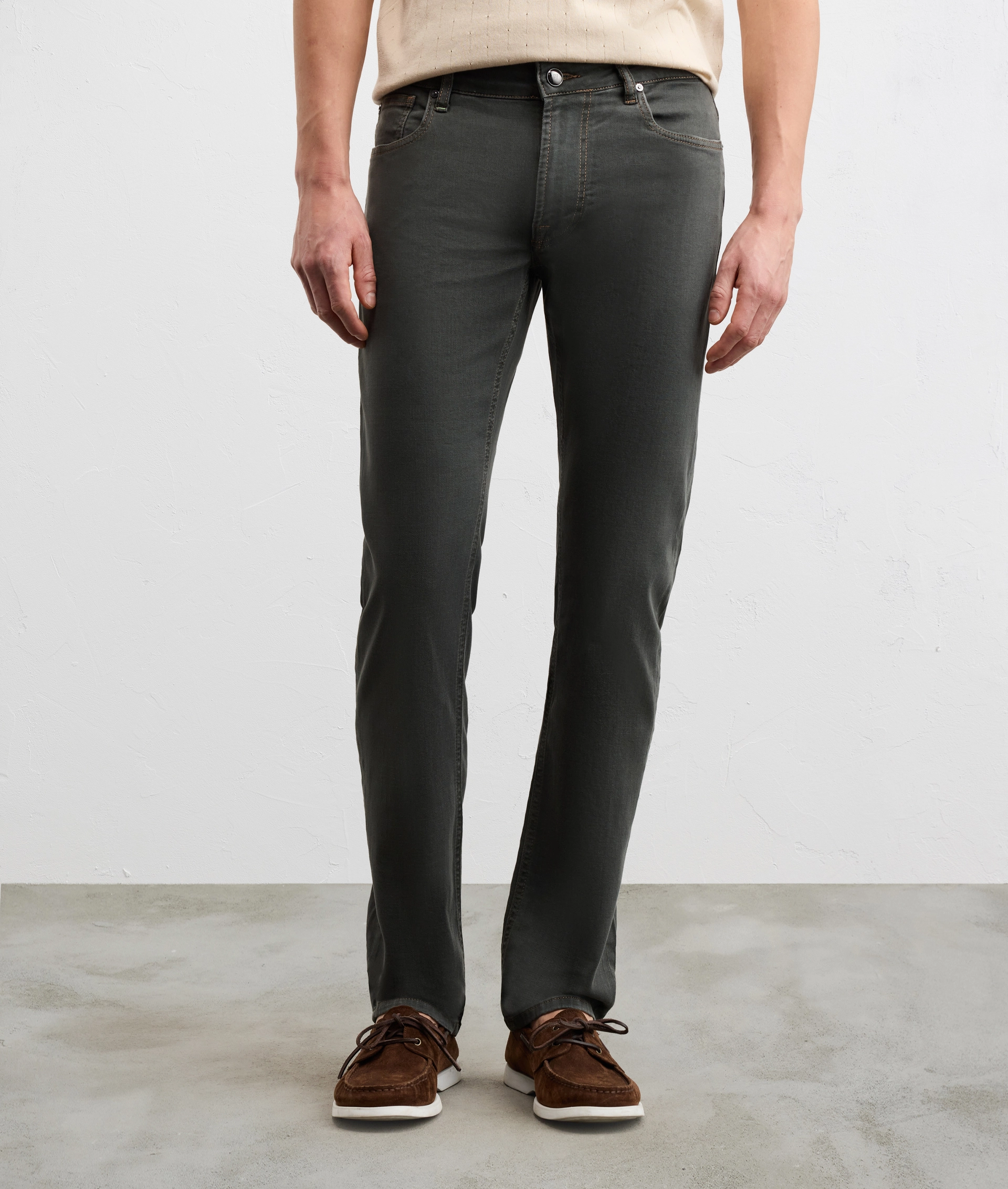 dark grey five pocket stonewashed cotton and elastane denim with leather back embossed logo — photo 3 of 5