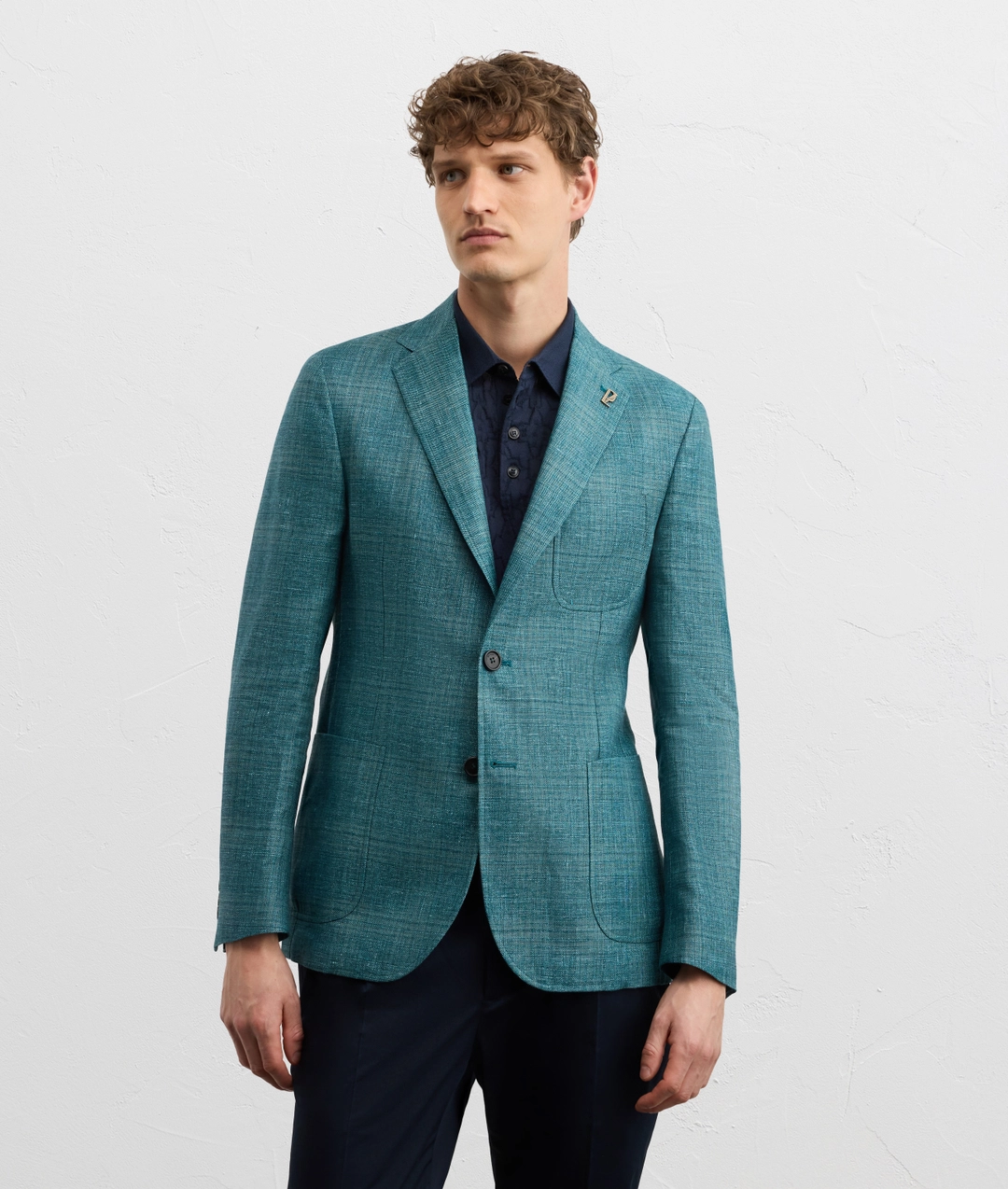 teal blue checked linen and wool brera line unlined jacket — photo 3 of 5