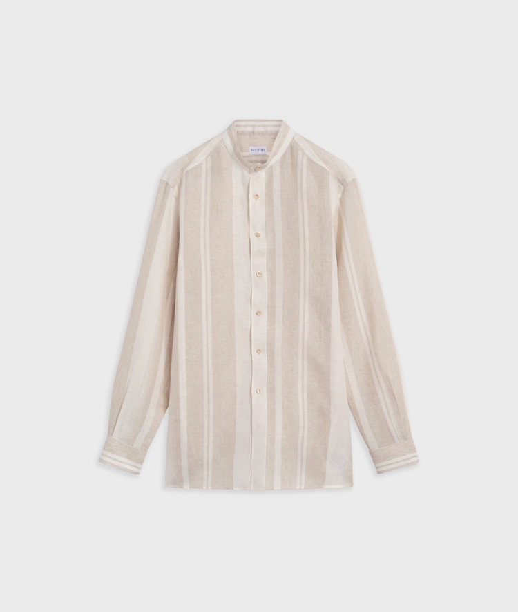 light brown maxi striped linen shirt with alessandria collar