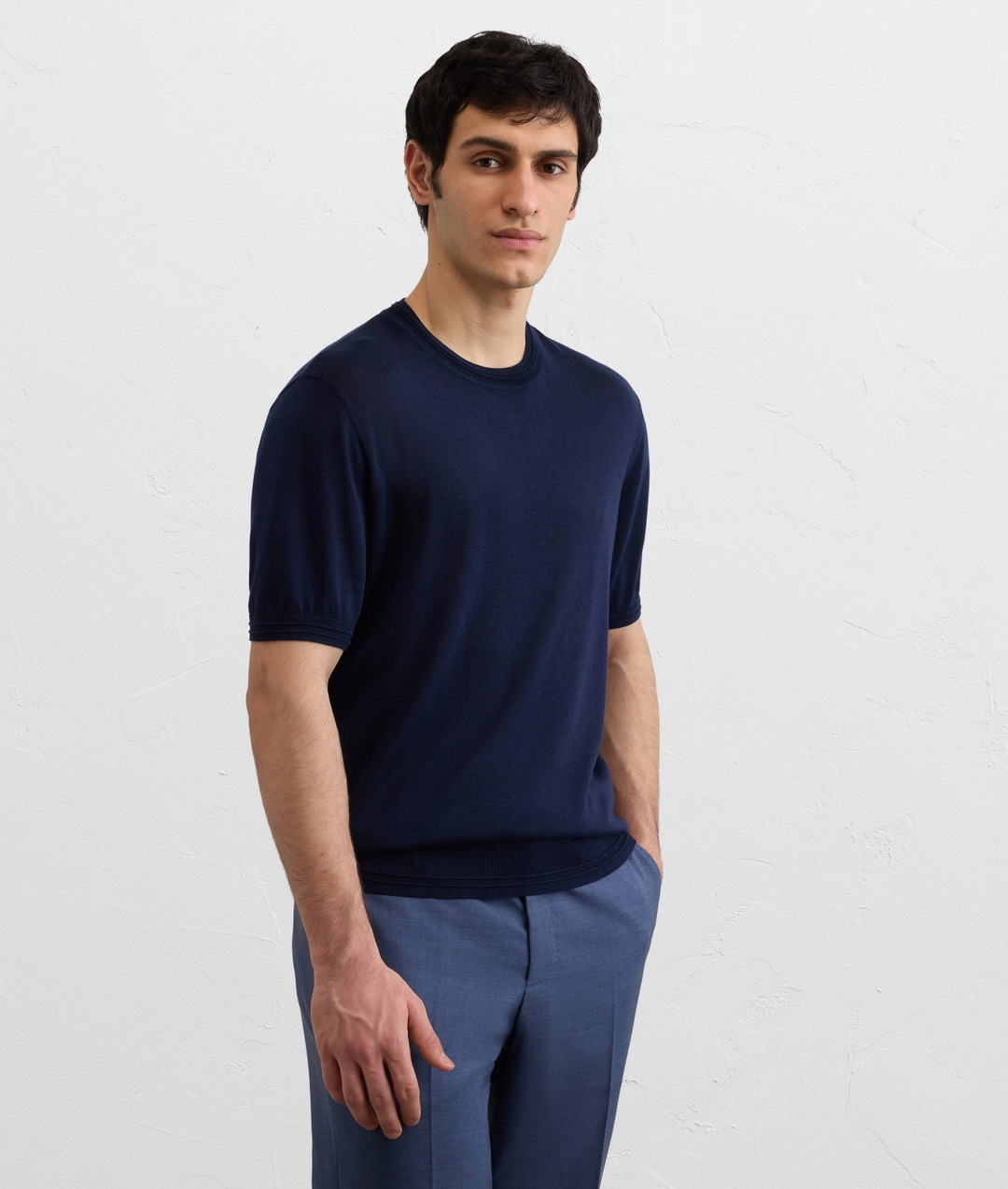 navy blue cotton and silk lyocell jersey knit t shirt — photo 3 of 5