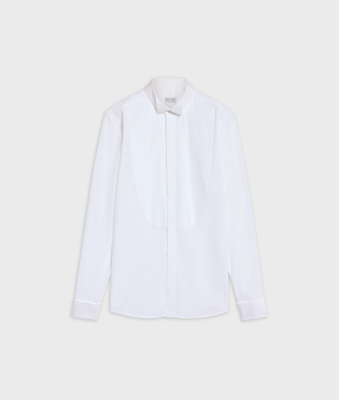 white pure white cotton shirt with cuff collar and pleated plastron