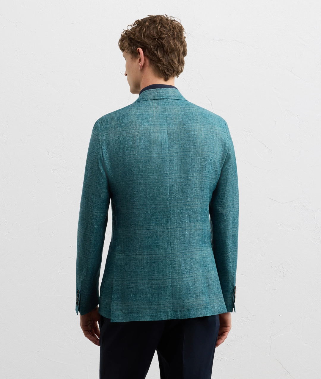 teal blue checked linen and wool brera line unlined jacket — photo 4 of 5