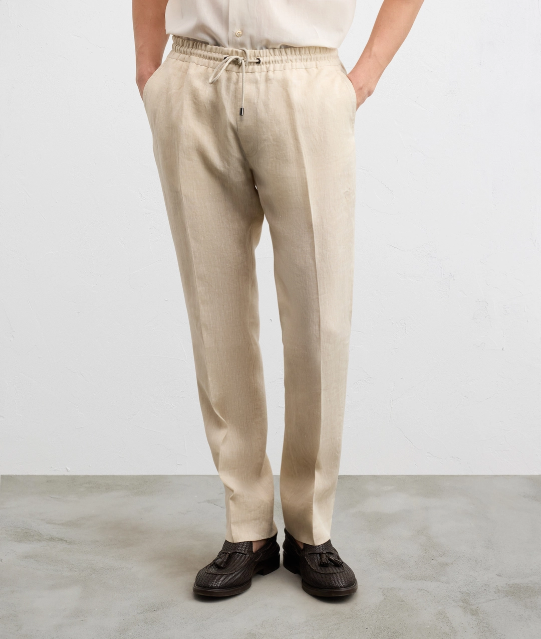 natural colored flamed linen drawstring trousers — photo 3 of 5