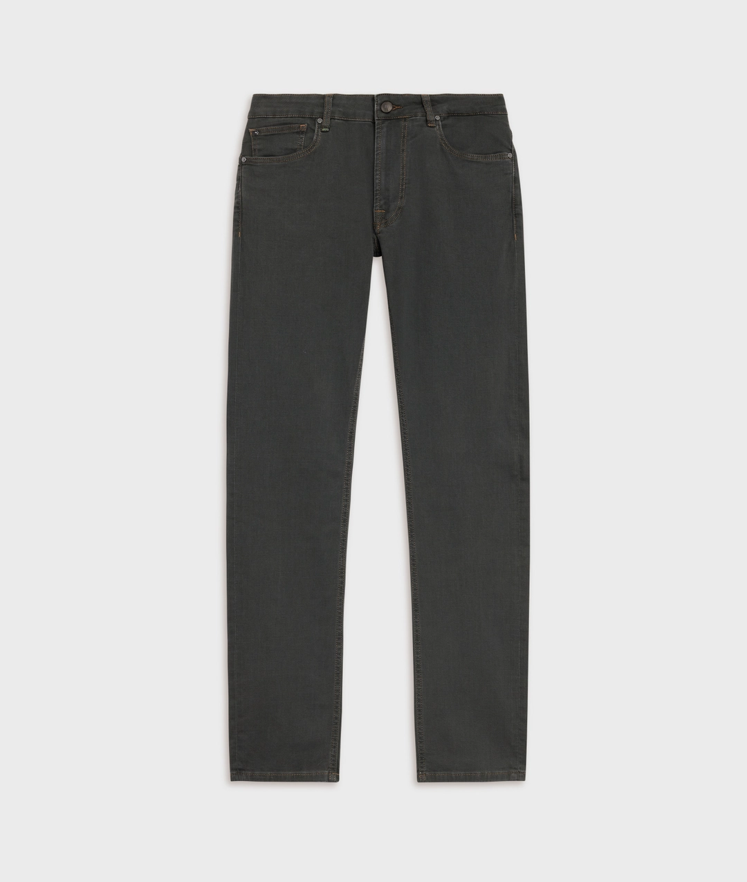 dark grey five pocket stonewashed cotton and elastane denim with leather back embossed logo