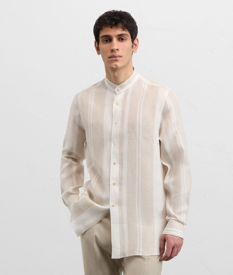 light brown maxi striped linen shirt with alessandria collar — photo 3 of 5