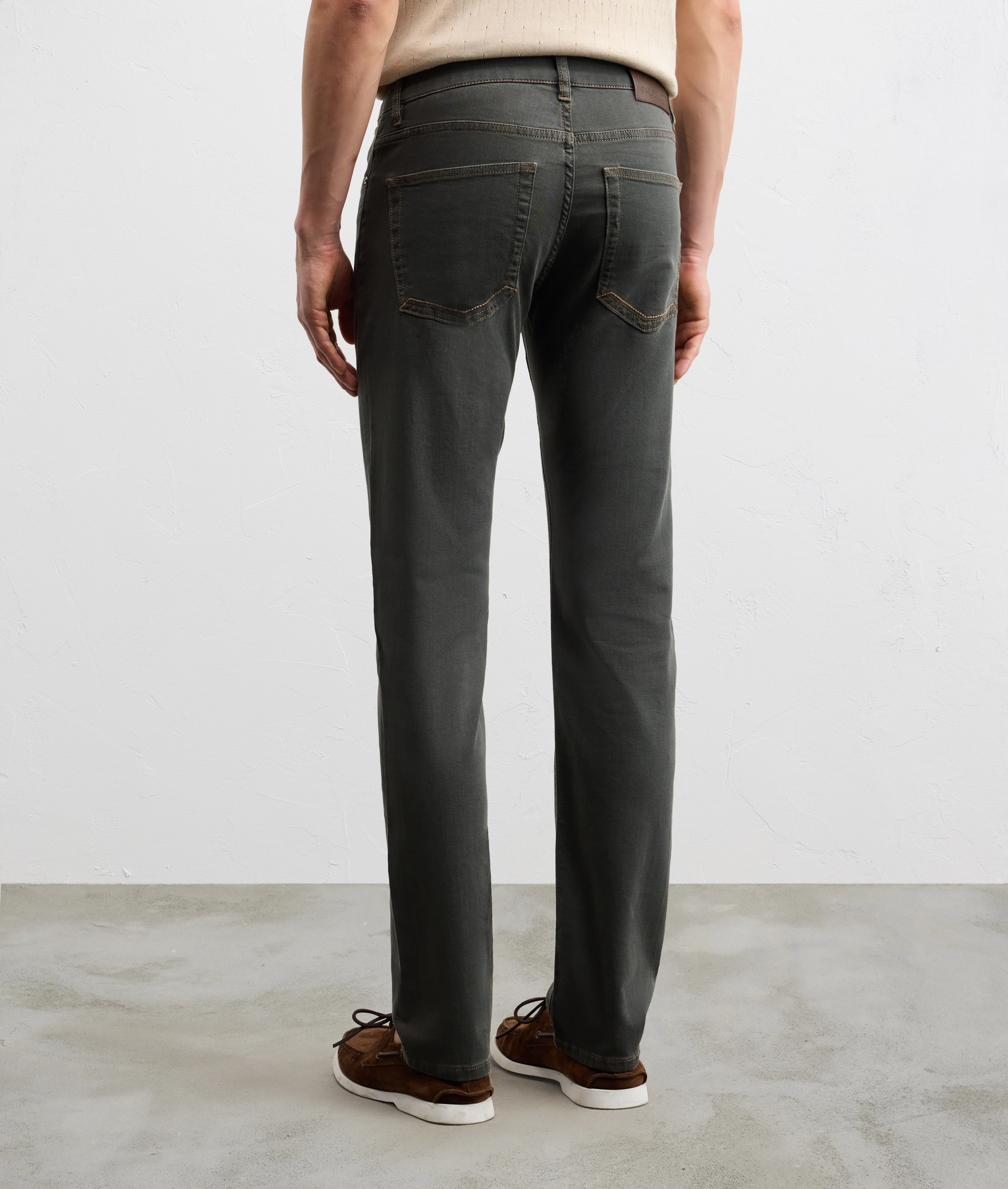 dark grey five pocket stonewashed cotton and elastane denim with leather back embossed logo — photo 4 of 5
